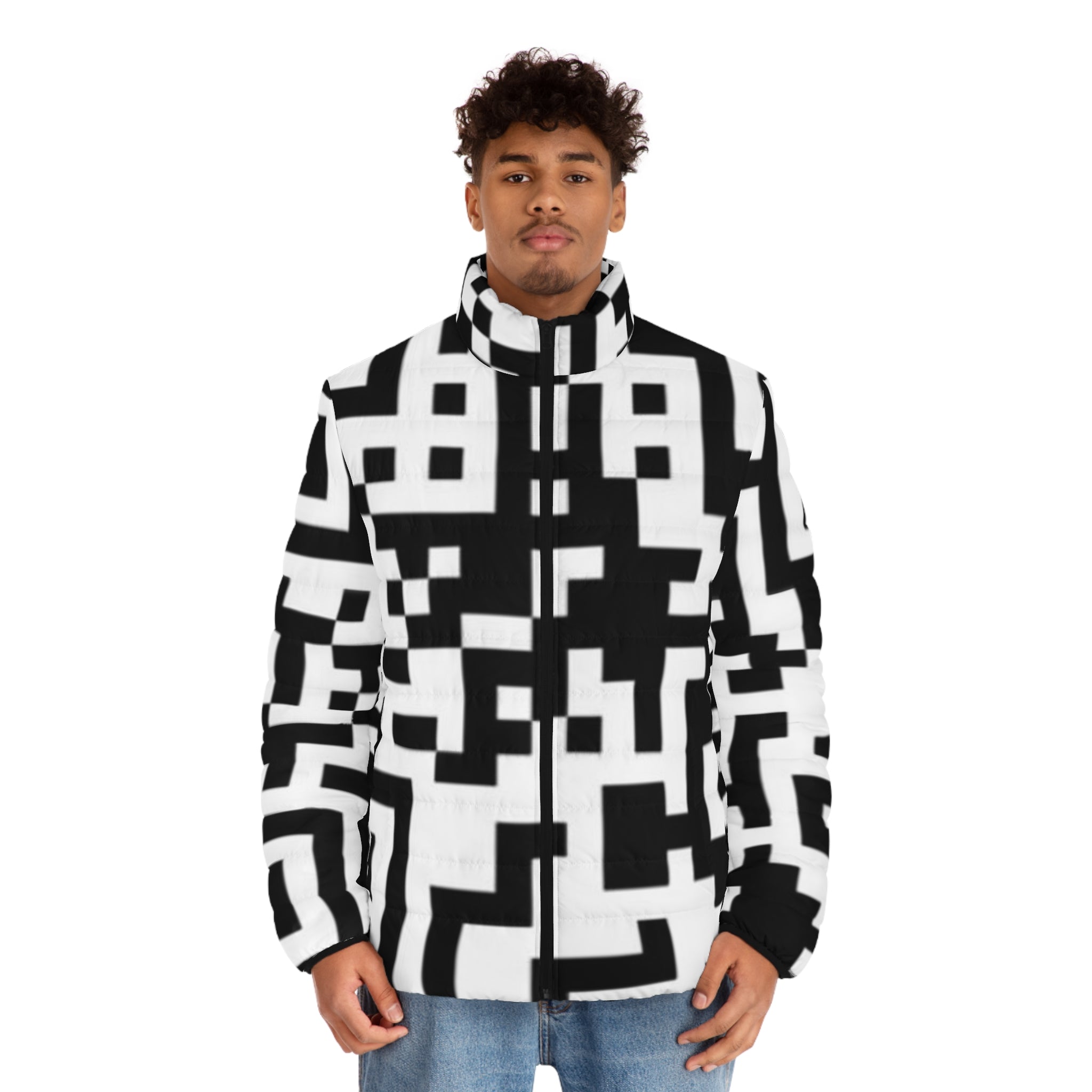 QR Print Puffer Jacket for Men
