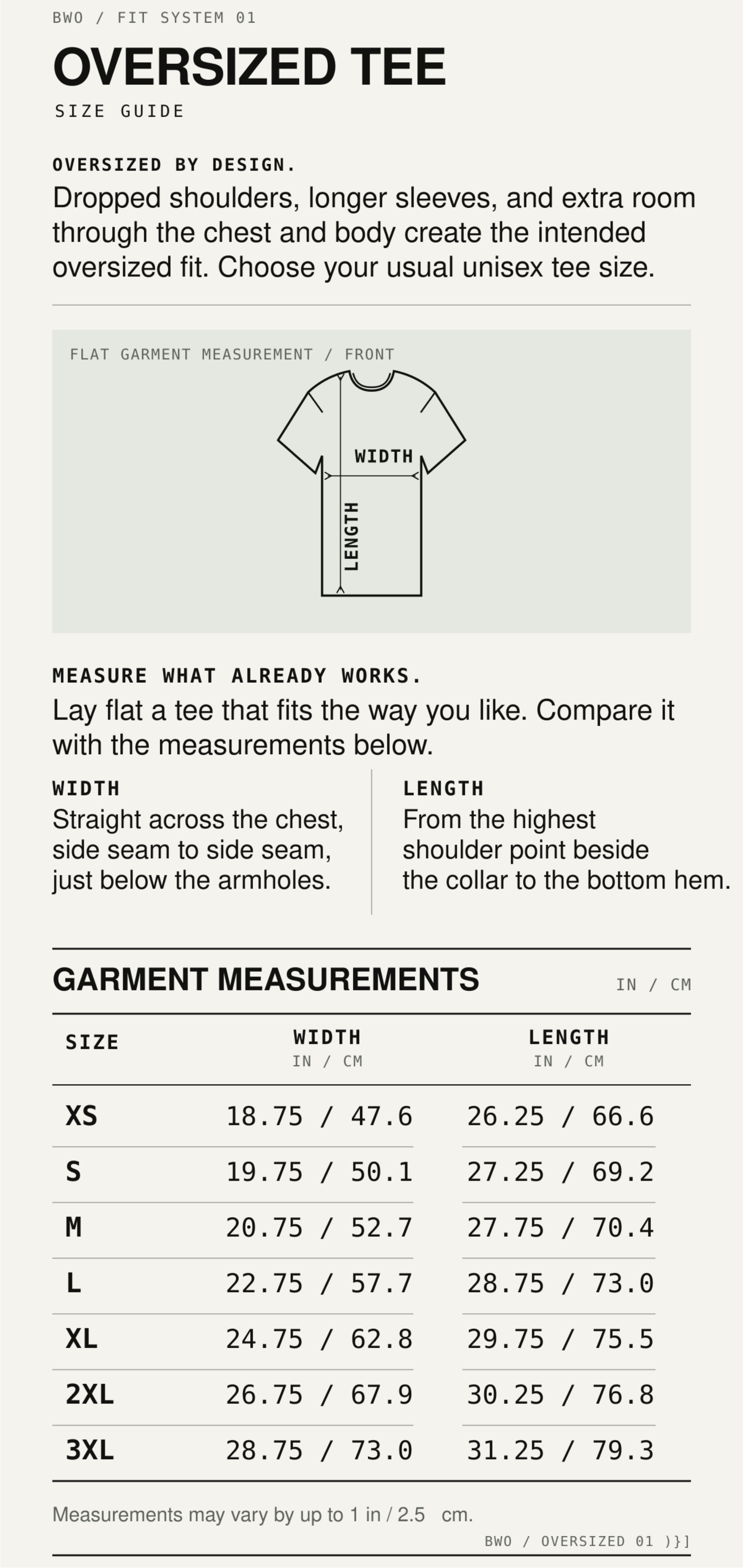 A size guide and measurement chart for an oversized tee, showing a simple line drawing of the shirt with chest and body measurements, plus a table listing sizes XS through 3XL with width and length measurements in inches and centimeters.